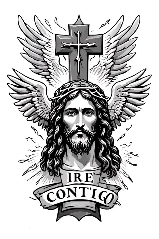 The image shows a winged cross, the face of Jesus Christ with the crown of thorns and the phrase "Iré contigo"  tattoo design idea
