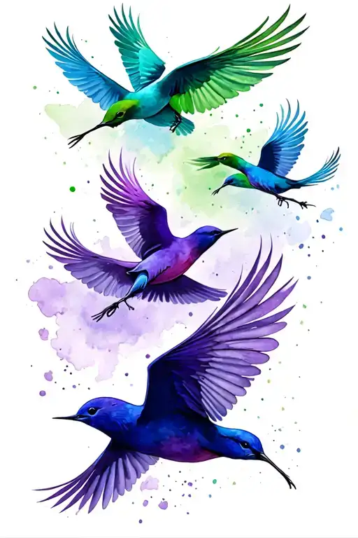 purple bird, green bird, blue bird flying tattoo design idea