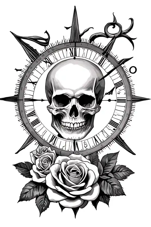 sundial, skull and roses  tattoo design idea
