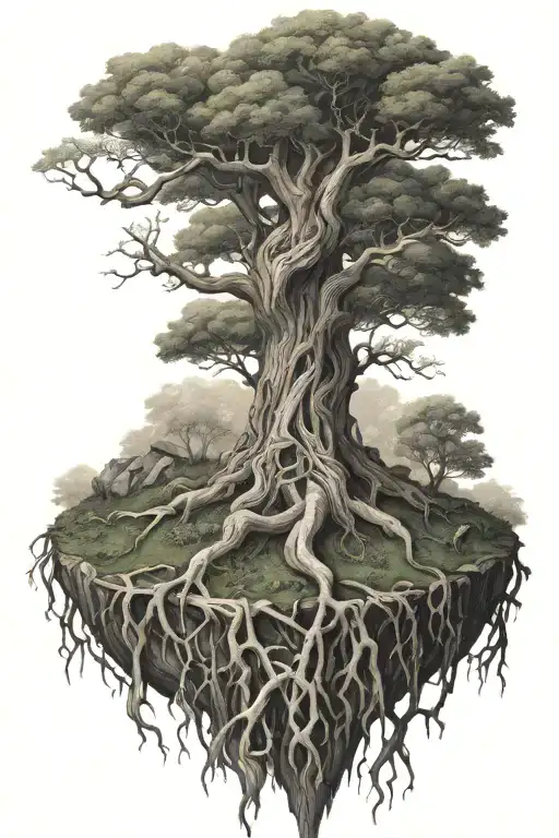 yggdrasil tree with intricate roots representing multiple walks of life coming together tattoo design idea