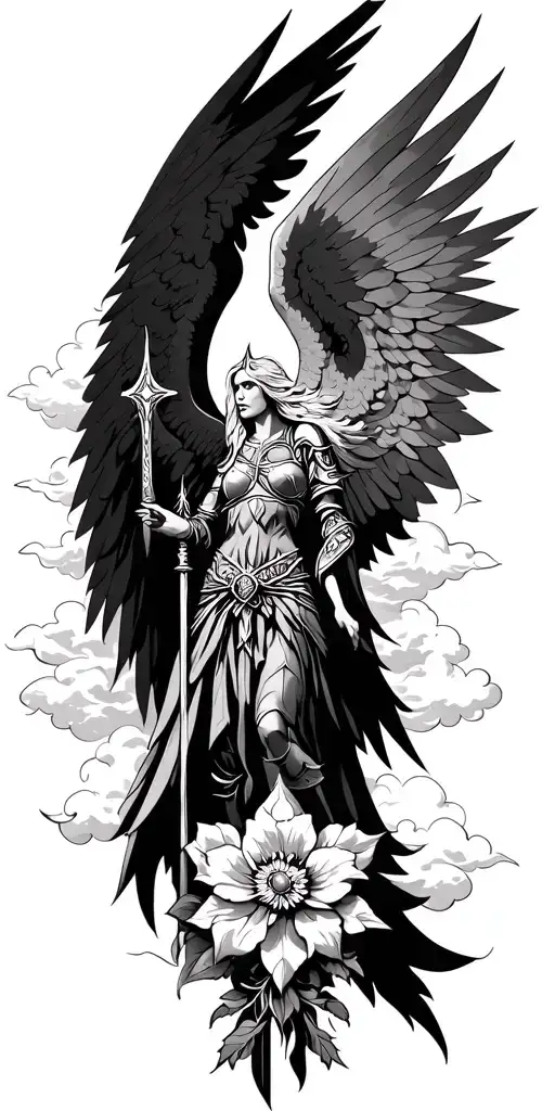 Meaningful warrior angel, Norse Valkyrie, clouds, rays, floral patterns, Norse cross tattoo design idea
