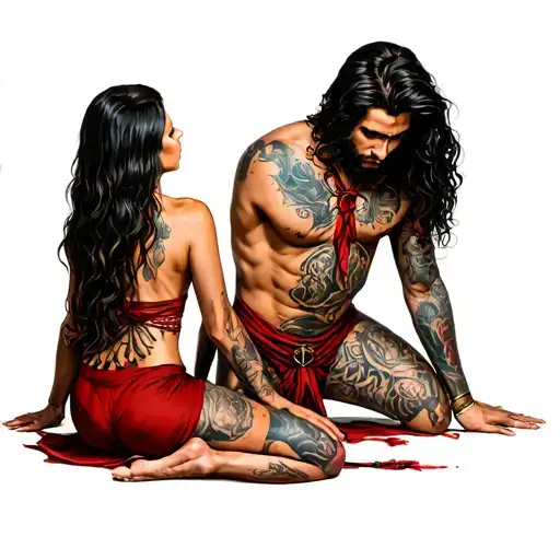 God of sex, Bondage, pleasure,kink, with a sexy woman kneeling at his feet. tattoo design idea