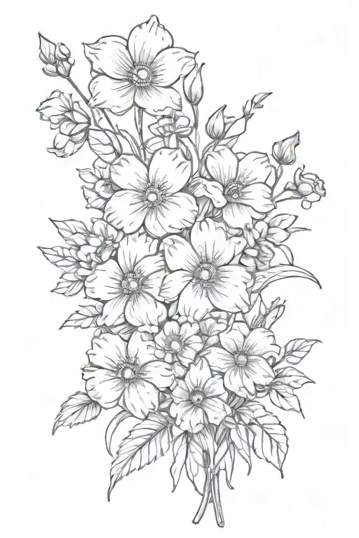 violet, primrose, daisey, sweet pea, cosmos, and narcissus flower bouquet tattoo design idea