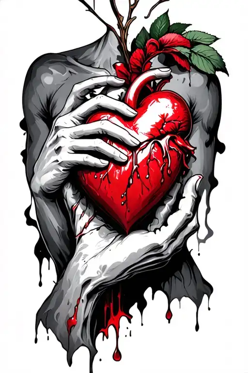 a slowly decaying arm coming up onto chest holding a bleeding heart  tattoo design idea