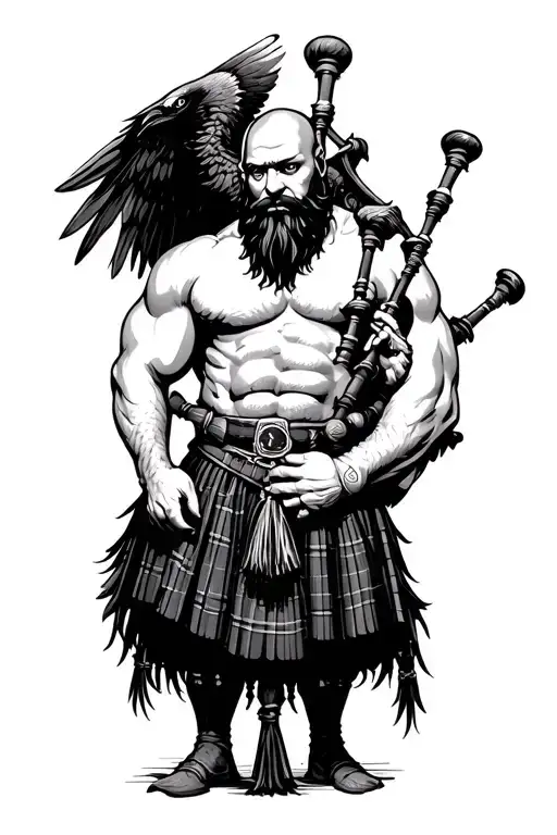 muscular bagpiper bald black beard black huge wings on  back playing the bagpipes flying crow with claws hairy chest tattoo design idea