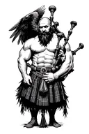 muscular bagpiper bald black beard black huge wings on  back playing the bagpipes flying crow with claws hairy chest tattoo design idea