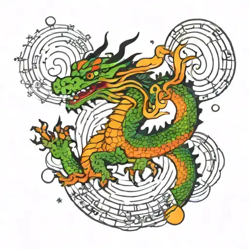 Infinity rainbow dragon with the sun, moon, music notes, and stars tattoo design idea