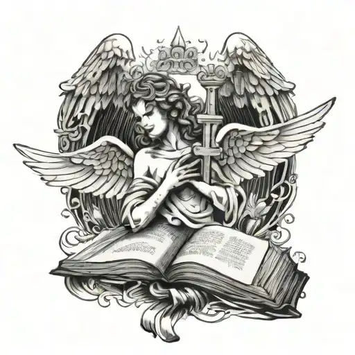 cross angel holding open book with tekst Psalms 118:6 tattoo design idea