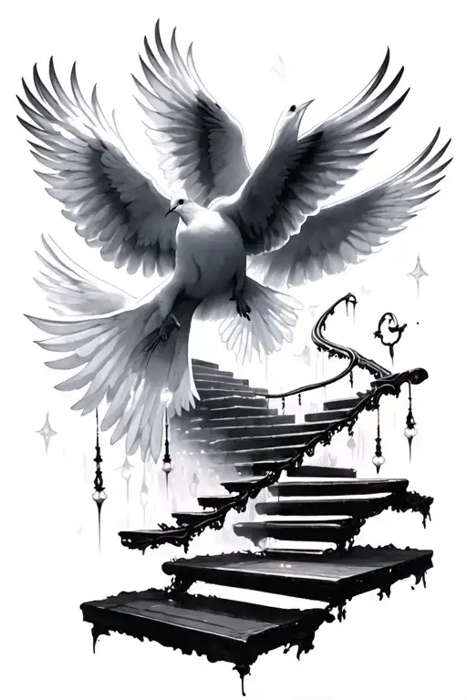 stairway to heaven doves flying and lights ( black and whote ) tattoo design idea