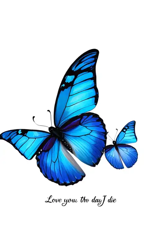 "Love you to the day I die" two blue butterflies flying together symbolizing your love tattoo design idea
