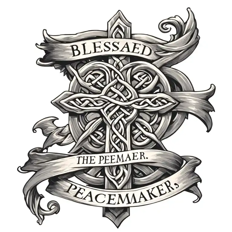 Celtic Cross with ""Blessed are the peacemakers." written on a blue sash draped  on cross. tattoo design idea
