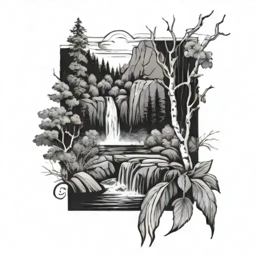 mountains in the background with a waterfall flowing into a river and birch trees with cardinals on the birch trees tattoo design idea