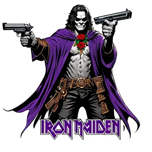 "Iron Maiden" Eddie wearing a purple cloak pointing  a shotgun in one hand  and a roseary necklace in the other hand, standing upright tattoo design idea
