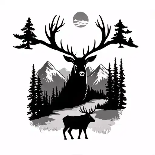 silhouette of forest landscape with mountains in background with bull elk at base tattoo design idea