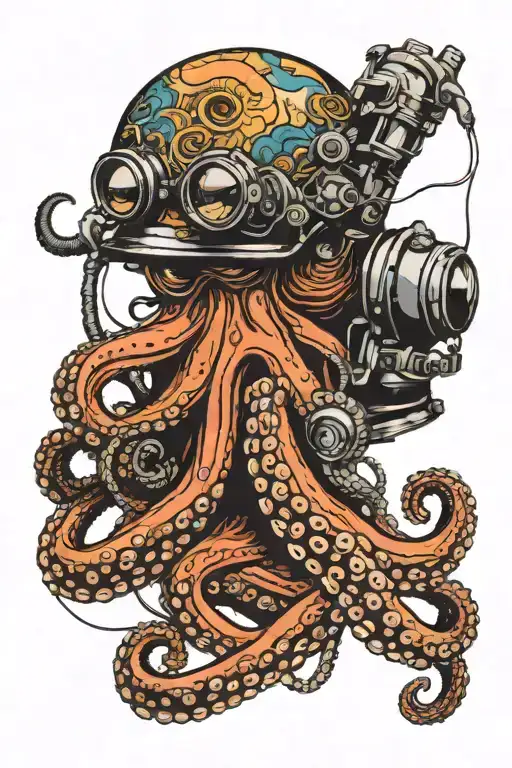 octopus wrapping its tentacles on dive helmet holding tattoo design idea