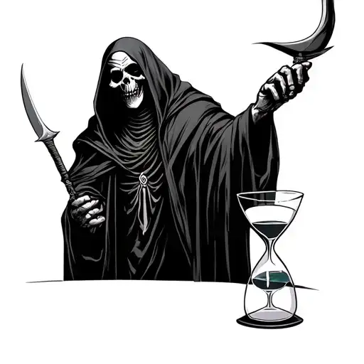 Grim Reaper holding his sickle in one hand and an hourglass in the other hand, shoving it towards me. Martini glass, tattoo design idea