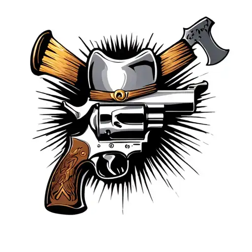 six shooter with hatchet its coming tattoo design idea