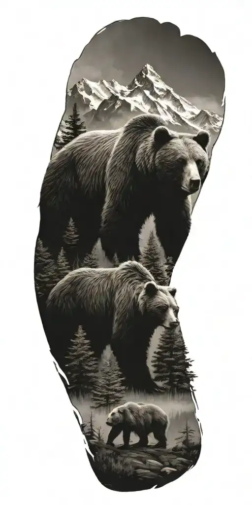 bear and woods and mountains tattoo design idea