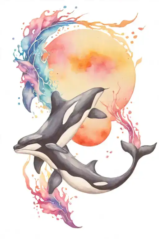 colour tattoo, vibrant colors, orca swimming tattoo design idea