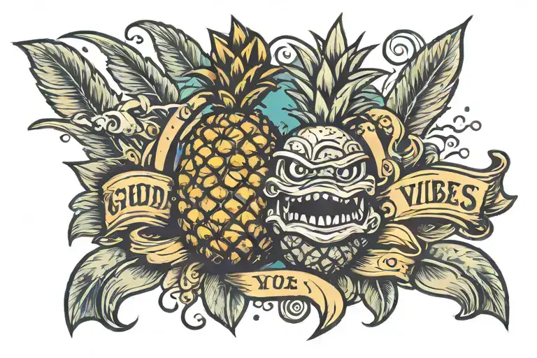 pineapple grenade with banner that says throwing good vibes. surrounded by scenery of waves , sharks , tiki , mountains tattoo design idea