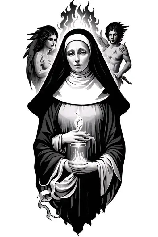 On the left side of the nun are hell, fire and the devil, and on the right side are heaven and angels. tattoo design idea