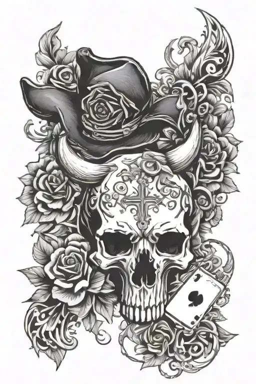 western floral with playing cards and and bull skull and cross tattoo design idea