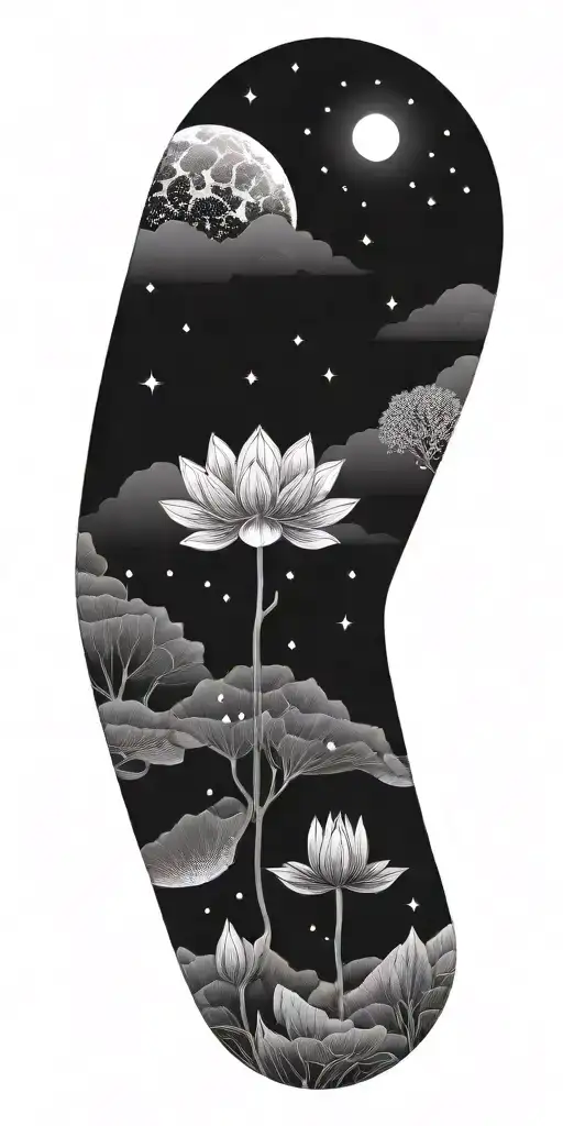 central lotus flower, celestial elements like stars and planets, sacred geometry, and serene landscapes such as mountain tattoo design idea
