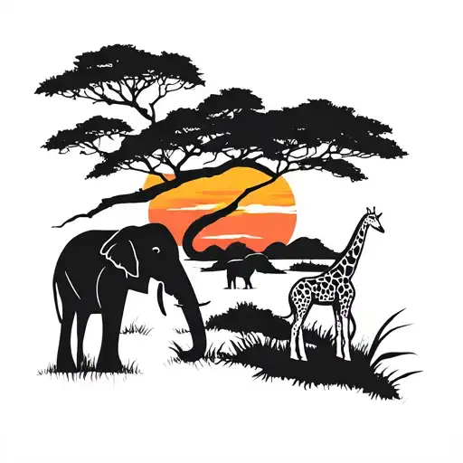 Kenyan sunset mid thigh s tattoo design with a tree in the background and a giraffe and elephant in a silhoue tattoo design idea