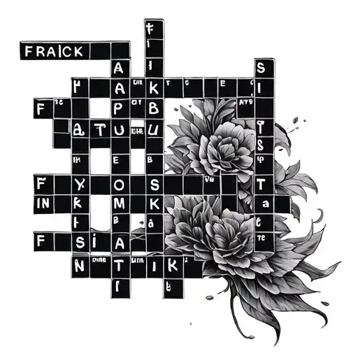 Create a black and white stylized crossword grid with the word "FRANCK" written vertically in the second column, and the tattoo design idea