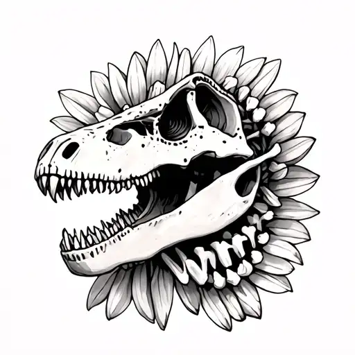 Daisy with dinosaur skeleton tattoo design idea