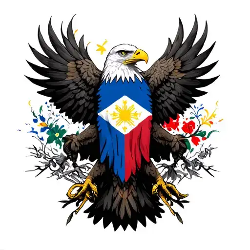 A highly detailed, dark gothic-style tattoo design of a mystical eagle incorporating elements of the Philippine flag. Th tattoo design idea