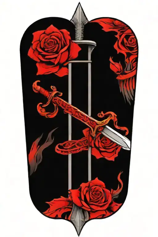 angel wings behind a sword, roses tattoo design idea