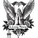 "In Loving Memory" "In Loving Memory" Praying Hands, Rosary, Dove, Black and Gray, Realism tattoo design idea