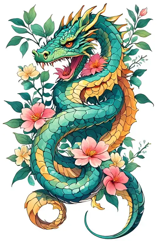 dragon or snake and flowers tattoo design idea