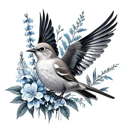 mocking bird flying with hawthorn, hyacinth and delphinium flowers tattoo design idea