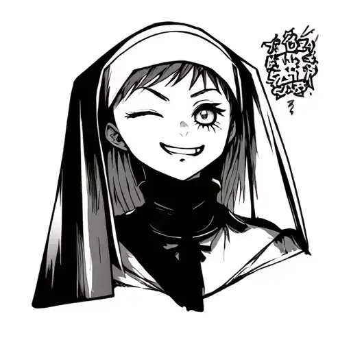 Anime girl with an aggressive smile winks with one eye in the guise of a nun tattoo design idea