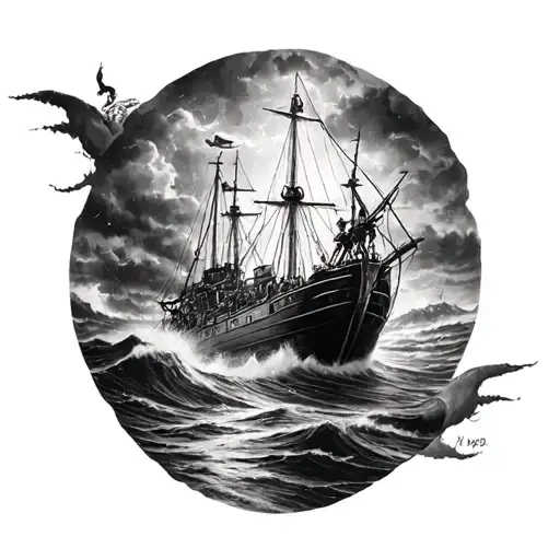navigating in the storm black and white tattoo design idea