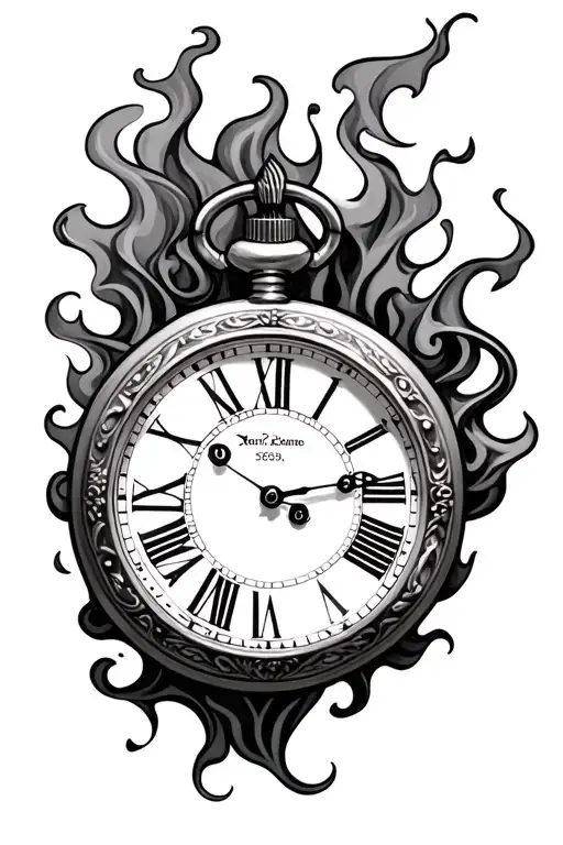 Pocket Watch Roman numerals soft flames and smoke time 3.50pm tattoo design idea