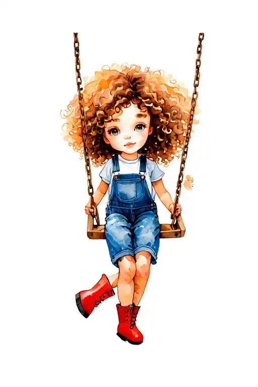 Curly haired little girl with red boots and blue dungarees on a swing tattoo design idea