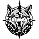 cross intertwined, angry wolf, mountains, compass, fire tattoo design idea