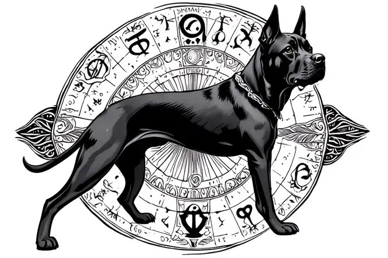 A black drawing with the zodiac sign Libra,based on a shadow of a large black dog tattoo design idea