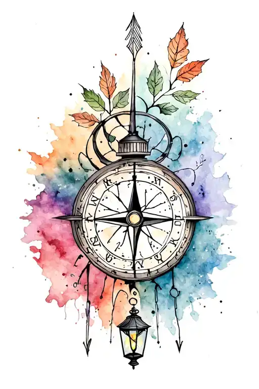 half compass half clock face with arrow piercing, leaves growing over it and a lantern at the bottom of it tattoo design idea