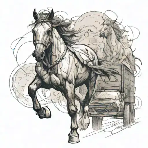 horizontally Running horses and truck  tattoo design idea