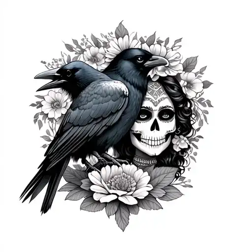 mexican catrina looking at a raven with marigold surrounding her tattoo design idea