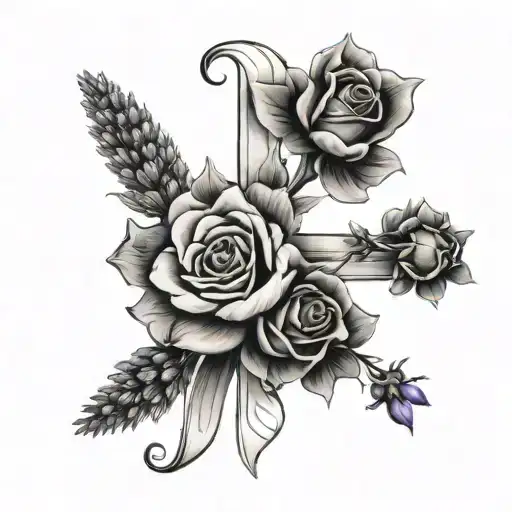 thin cross with bouquet of rose, lavender and tulip  tattoo design idea