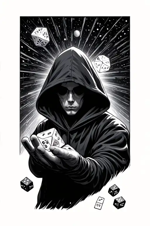 hooded figure space vortex rolling dice with hand tattoo design idea