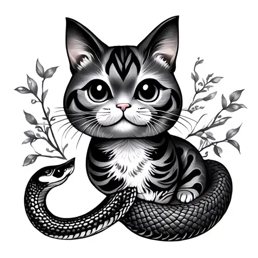 lucky cat and rabbit and snake tattoo design idea