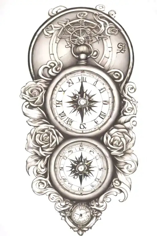 compass and pocket watch with scroll wrapped tattoo design idea