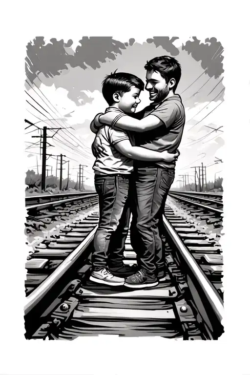 dad and son hugging in railway tracks tattoo design idea
