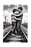 dad and son hugging in railway tracks tattoo design idea